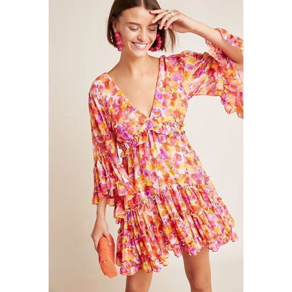 MISA Los Angeles Yasemin Bright Pink Orange Yellow Floral Chiffon Bell Sleeve Mi - Picture 8 of 16